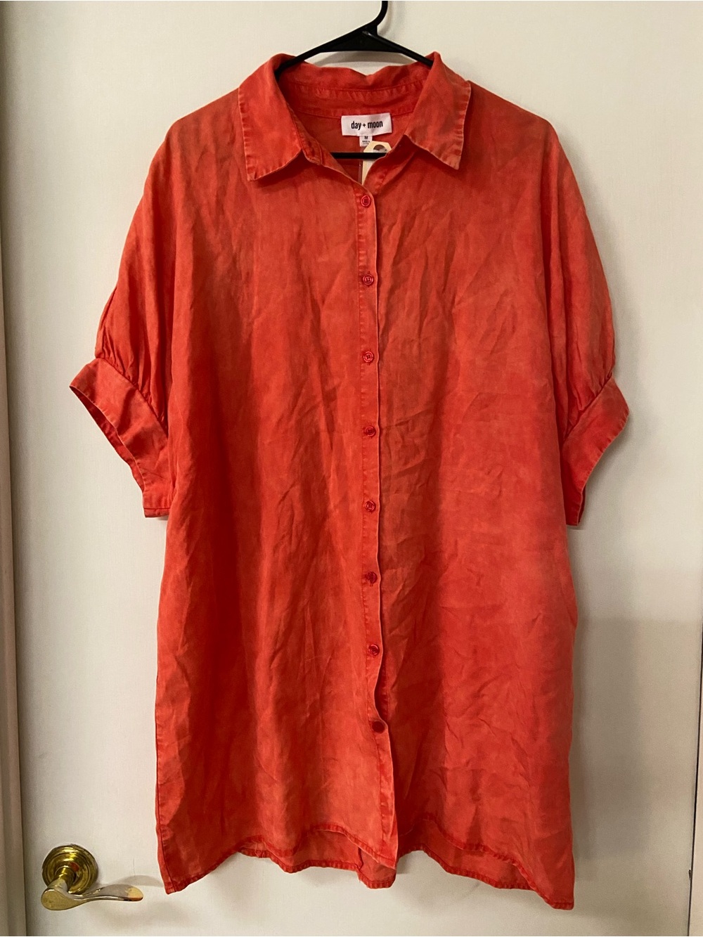 NWT Day + moon button up down oversized shirt dress medium coral red tencel